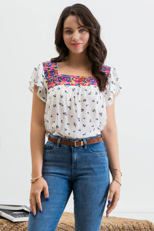 Embroidered Neckline Top - 1 medium remaining - Cowhide and Conchos