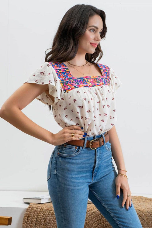 Embroidered Neckline Top - 1 medium remaining - Cowhide and Conchos