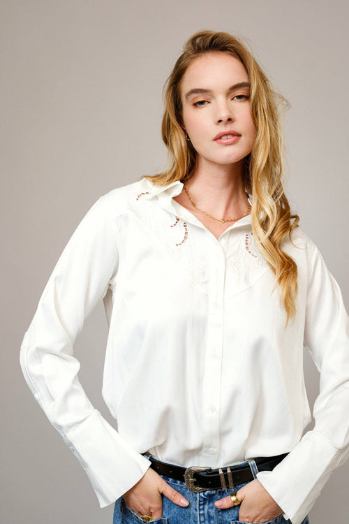 Embroidered Western Yoke Button Up Blouse - Cowhide and Conchos