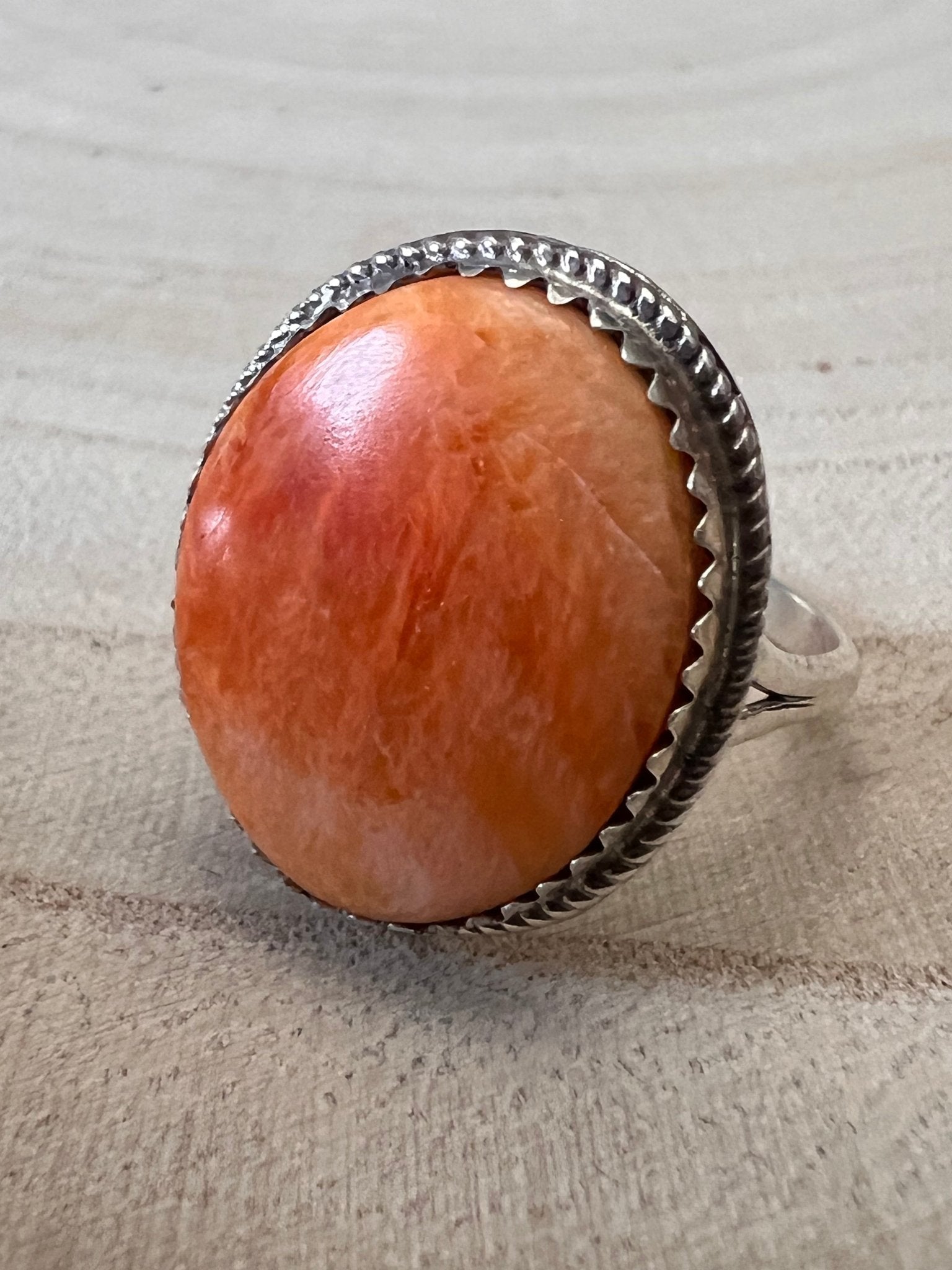 Ernest Hawthorne Spiny Oyster & Sterling Silver Ring - Size 7.5 - Cowhide and Conchos