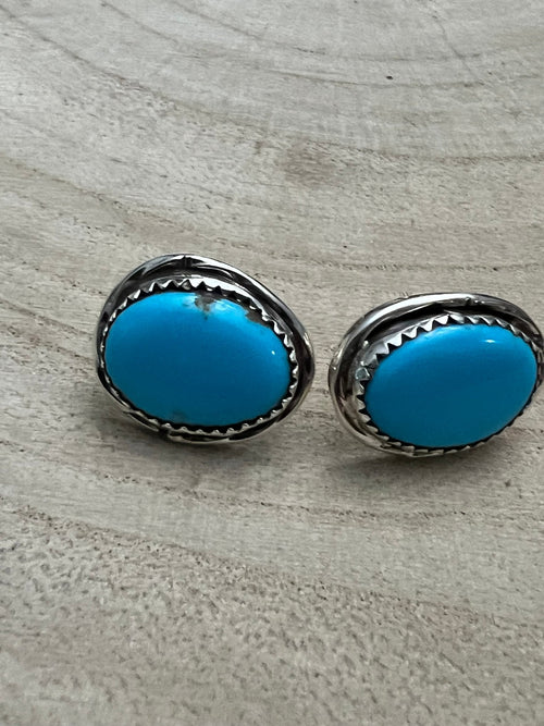 Ernest Hawthorne Turquoise & Sterling Silver Earrings - Cowhide and Conchos