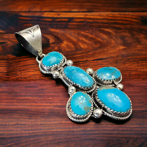 Ernest Hawthorne Turquoise & Sterling Silver Pendant - Cowhide and Conchos