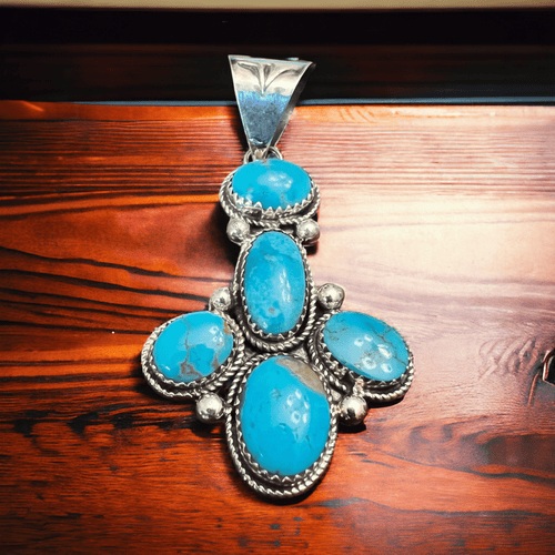 Ernest Hawthorne Turquoise & Sterling Silver Pendant - Cowhide and Conchos