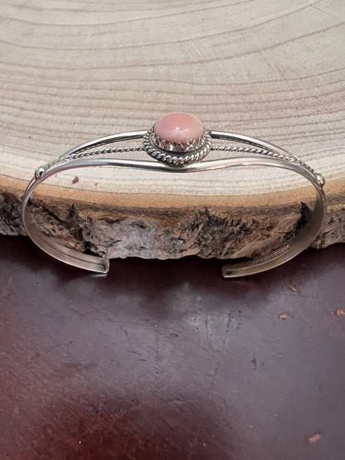 Esther White Navajo Handmade Pink Conch Bracelet - Cowhide and Conchos