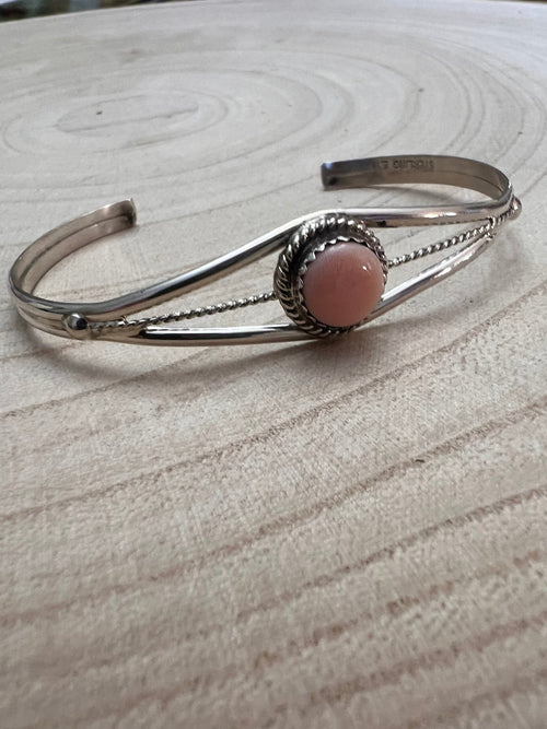 Esther White Navajo Handmade Pink Conch Bracelet - Cowhide and Conchos