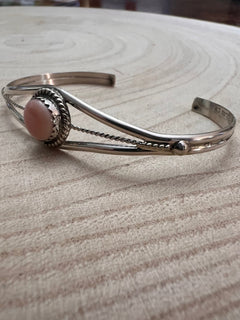 Esther White Navajo Handmade Pink Conch Bracelet - Cowhide and Conchos