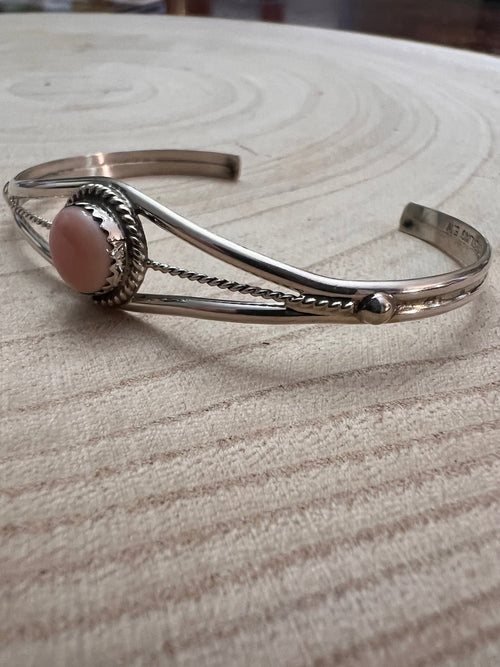 Esther White Navajo Handmade Pink Conch Bracelet - Cowhide and Conchos