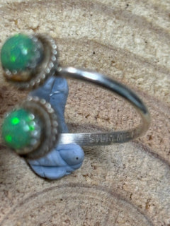 Esther White Navajo Handmade SS Green Opalite Adjustable Ring - Cowhide and Conchos