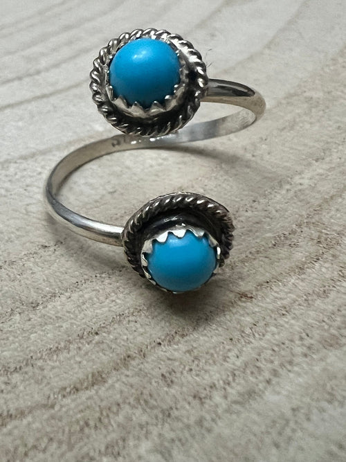 Esther White Navajo Handmade Turquoise Adjustable Ring - Cowhide and Conchos