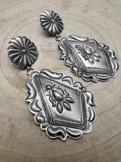 Eugene Charley Sterling Silver Earrings - Cowhide and Conchos