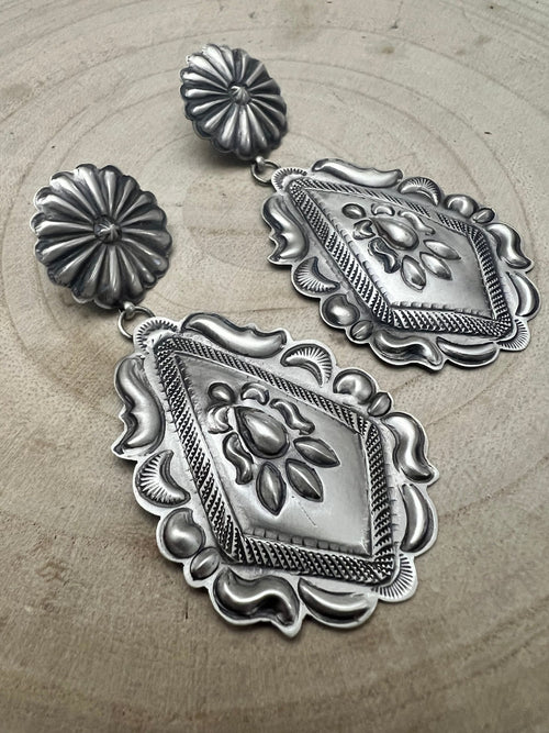 Eugene Charley Sterling Silver Earrings - Cowhide and Conchos