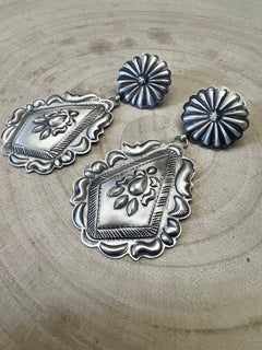 Eugene Charley Sterling Silver Earrings - Cowhide and Conchos