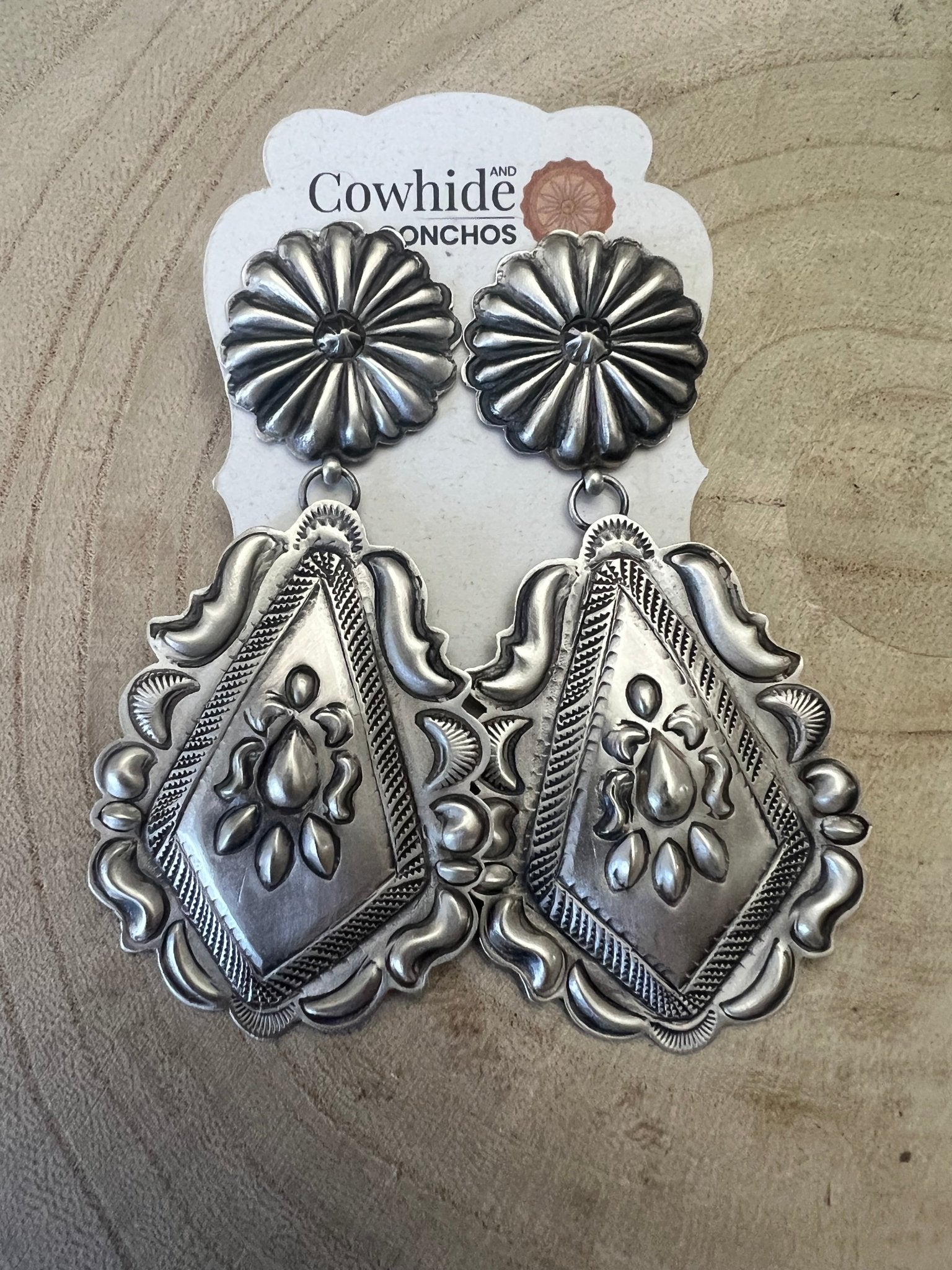 Eugene Charley Sterling Silver Earrings - Cowhide and Conchos
