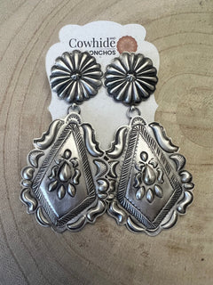 Eugene Charley Sterling Silver Earrings - Cowhide and Conchos