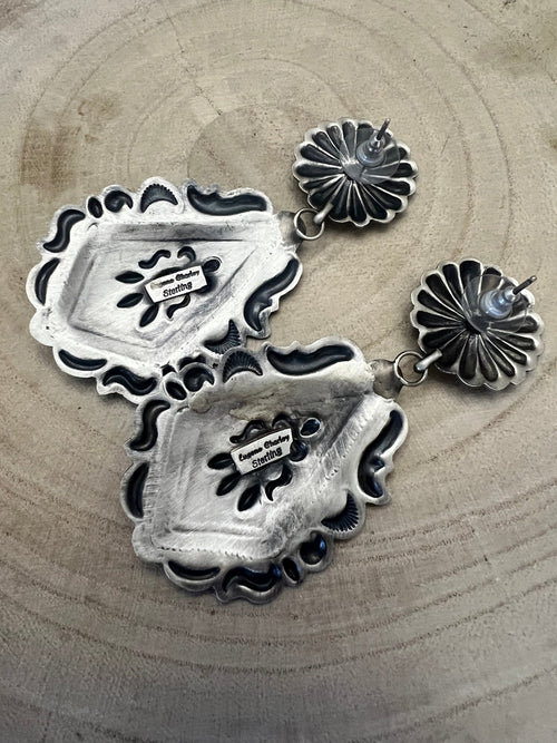 Eugene Charley Sterling Silver Earrings - Cowhide and Conchos