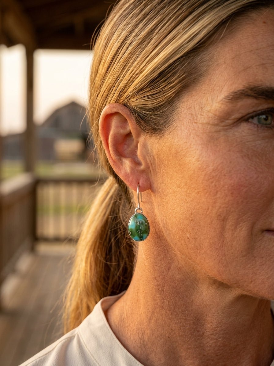 Eugene Gruber Sonoran Turquoise Earrings — 1 1/4" × 3/8" - Cowhide and Conchos
