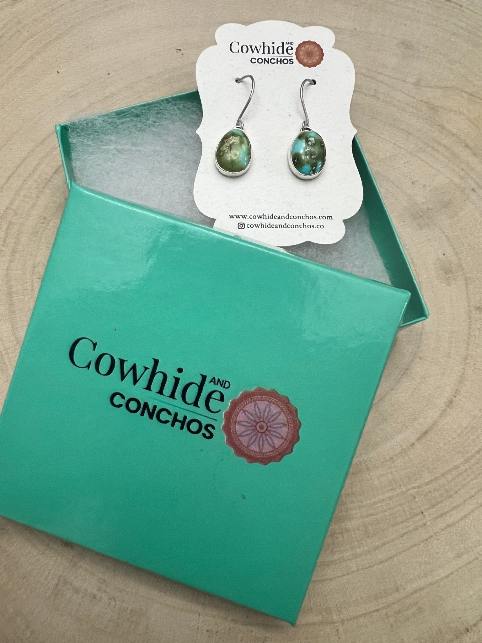 Eugene Gruber Sonoran Turquoise Earrings — 1 1/4" × 3/8" - Cowhide and Conchos
