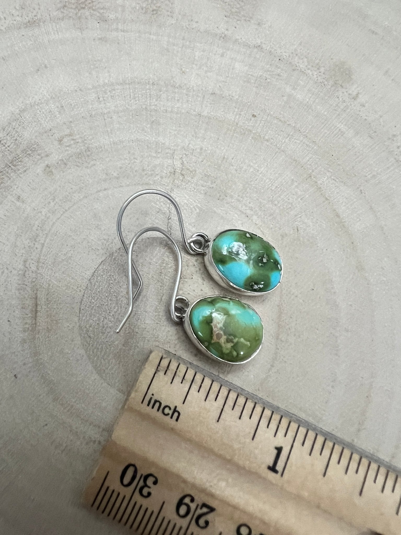 Eugene Gruber Sonoran Turquoise Earrings — 1 1/4" × 3/8" - Cowhide and Conchos
