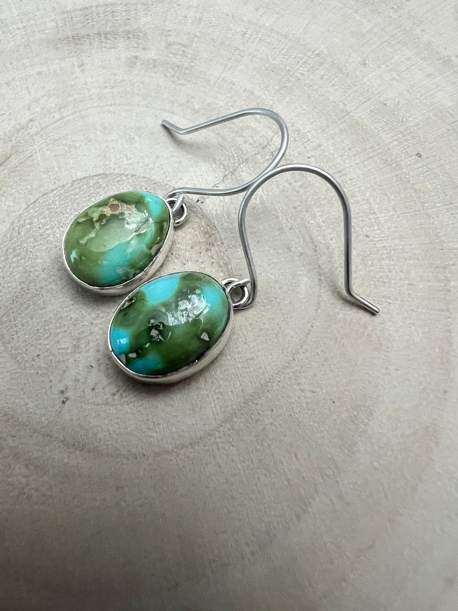 Eugene Gruber Sonoran Turquoise Earrings — 1 1/4" × 3/8" - Cowhide and Conchos