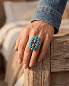 Eunise Wilson Navajo Sterling Silver Ring with Turquoise — Size 8 (Hallmark EJW) - Cowhide and Conchos