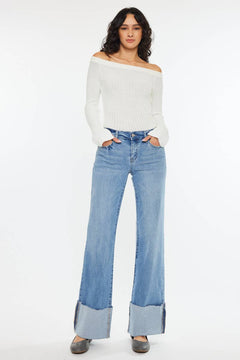 Kan Can Mid Rise Wide Flare Cuff Jeans