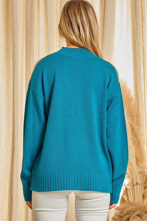High Neck Knit Teal Sweater