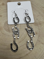 Fashion Horseshoe Dangle Earrings - 3 1/2 inch drop - Cowhide and Conchos