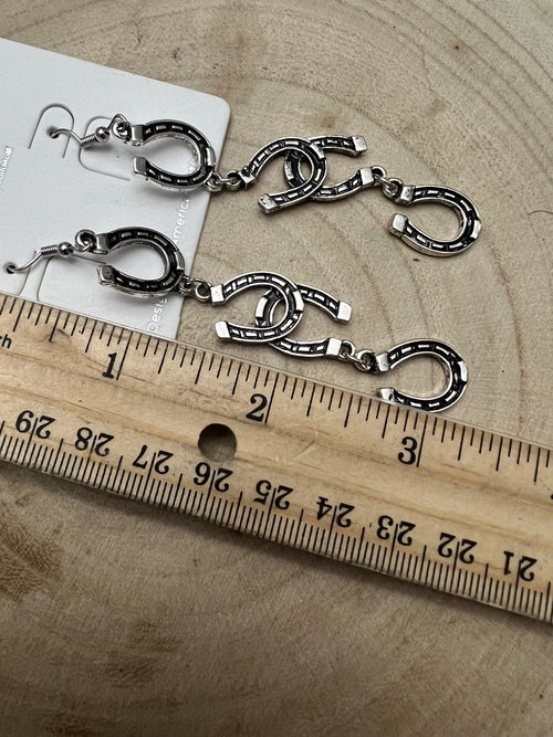 Fashion Horseshoe Dangle Earrings - 3 1/2 inch drop - Cowhide and Conchos