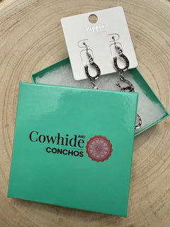 Fashion Horseshoe Dangle Earrings - 3 1/2 inch drop - Cowhide and Conchos