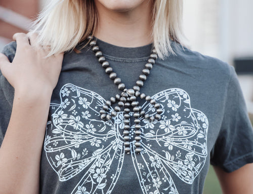 Faux Bow Necklace with Large Faux Pearls - 16 inch - Cowhide and Conchos