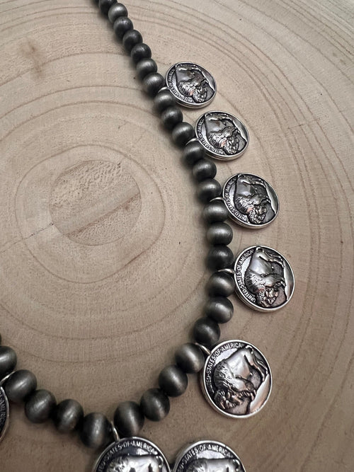 Faux Buffalo Coin Squash Blossom Set - Cowhide and Conchos