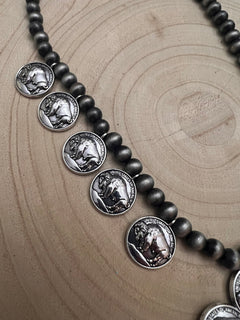 Faux Buffalo Coin Squash Blossom Set - Cowhide and Conchos