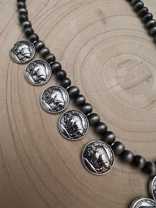 Faux Buffalo Coin Squash Blossom Set - Cowhide and Conchos