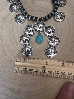 Faux Buffalo Coin Squash Blossom Set - Cowhide and Conchos