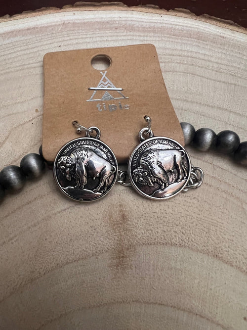 Faux Buffalo Coin Squash Blossom Set - Cowhide and Conchos