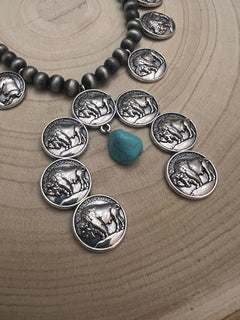 Faux Buffalo Coin Squash Blossom Set - Cowhide and Conchos