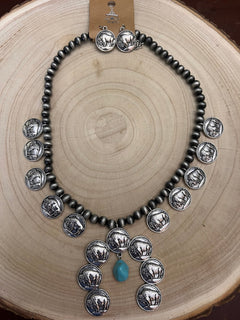 Faux Buffalo Coin Squash Blossom Set - Cowhide and Conchos