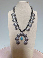 Faux Buffalo Coin Squash Blossom Set - Cowhide and Conchos