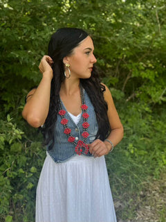 Faux Coral Long Squash Blossom Statement Necklace - 32 inch necklace - Cowhide and Conchos