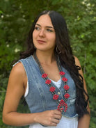 Faux Coral Long Squash Blossom Statement Necklace - 32 inch necklace - Cowhide and Conchos