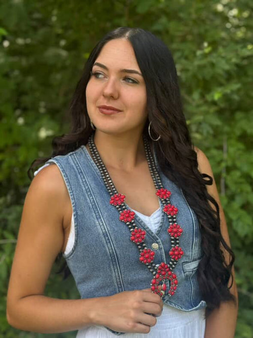 Faux Coral Long Squash Blossom Statement Necklace - 32 inch necklace - Cowhide and Conchos