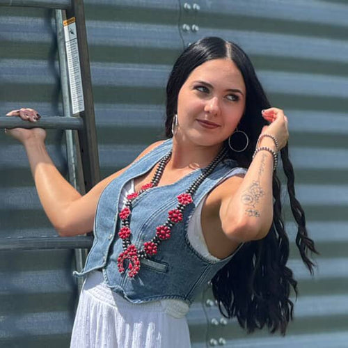 Faux Coral Long Squash Blossom Statement Necklace - 32 inch necklace - Cowhide and Conchos