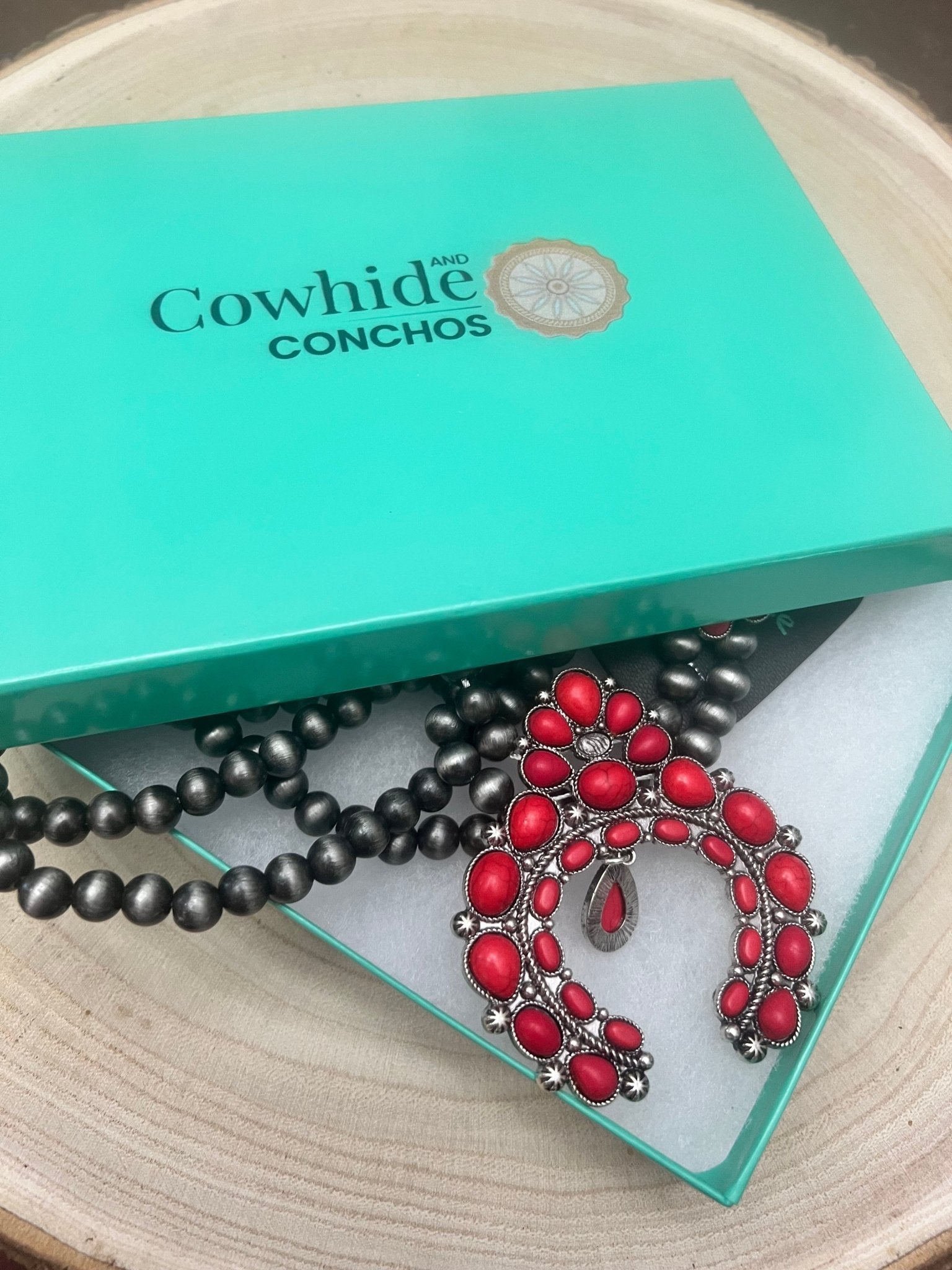Faux Coral Long Squash Blossom Statement Necklace - 32 inch necklace - Cowhide and Conchos