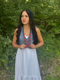 Faux Coral Long Squash Blossom Statement Necklace - 32 inch necklace - Cowhide and Conchos
