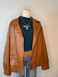 Faux Leather Moto Jacket - Cowhide and Conchos