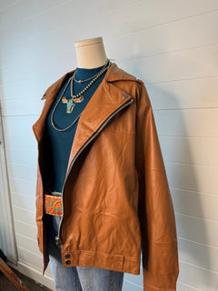 Faux Leather Moto Jacket - Cowhide and Conchos
