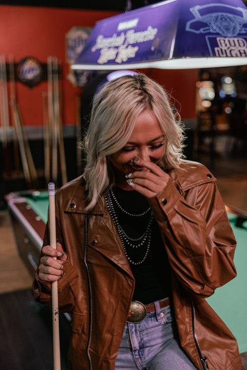 Faux Leather Moto Jacket - Cowhide and Conchos