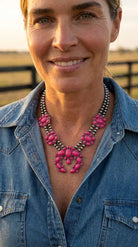 Faux Pink Squash Blossom Necklace on Double Strand Pearls - 18 inch necklace - Cowhide and Conchos