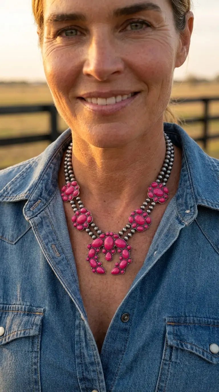 Faux Pink Squash Blossom Necklace on Double Strand Pearls - 18 inch necklace - Cowhide and Conchos