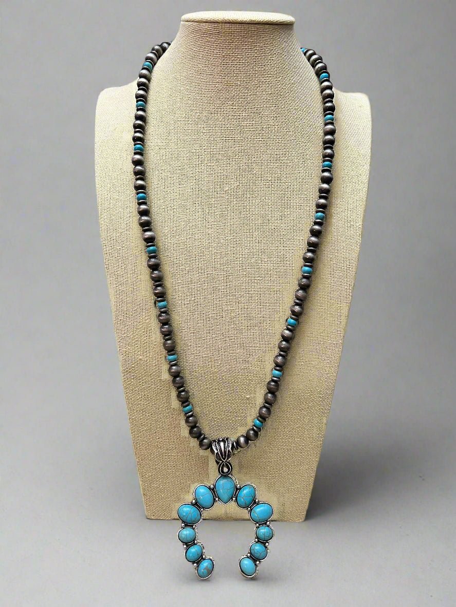 Faux Squash Blossom and Faux Pearl Necklace - 27 inch - Cowhide and Conchos